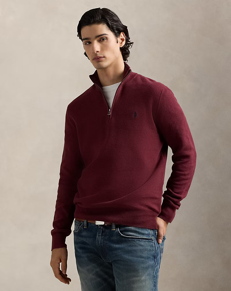 Jersey de algodón de punto de malla con cremallera de un cuarto