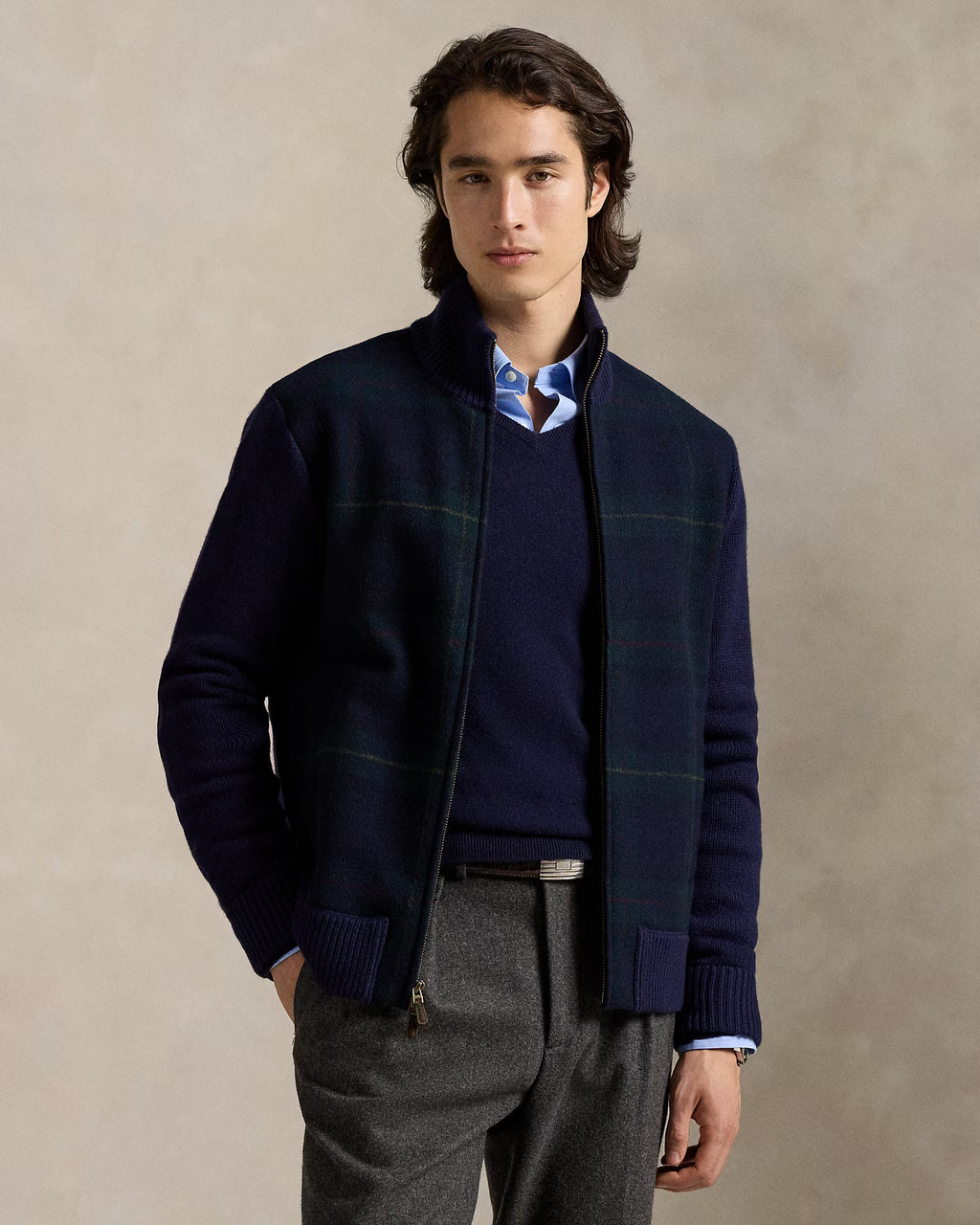 Jersey polo con cremallera y estampado de cuadros escoceses