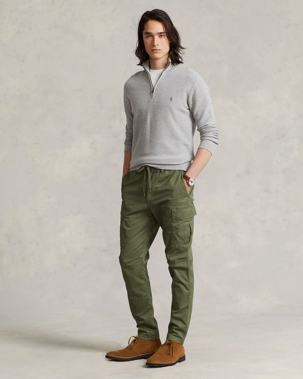 Jersey de algodón de punto de malla con cremallera de un cuarto