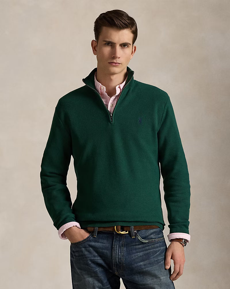 Jersey de algodón de punto de malla con cremallera de un cuarto