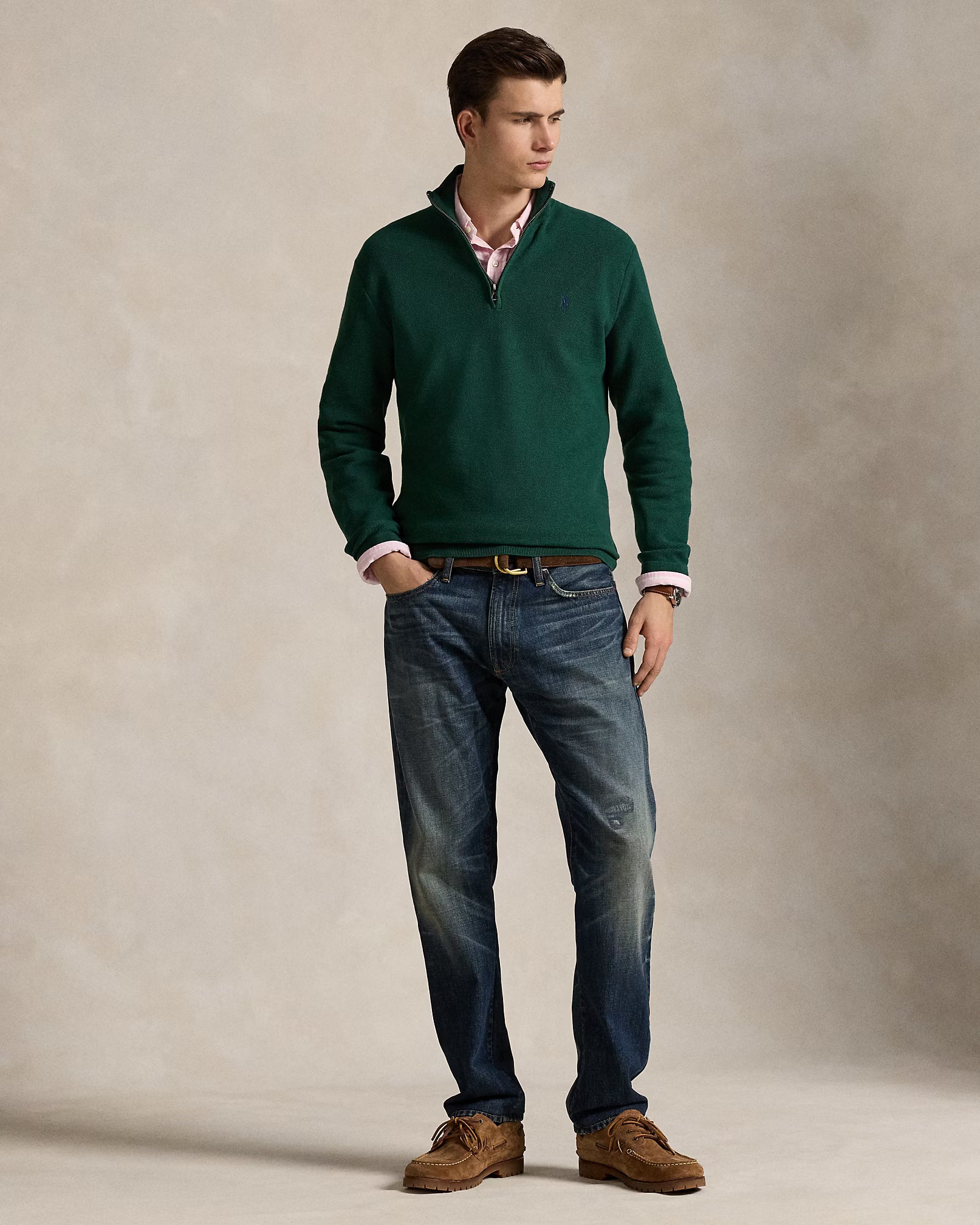 Jersey de algodón de punto de malla con cremallera de un cuarto