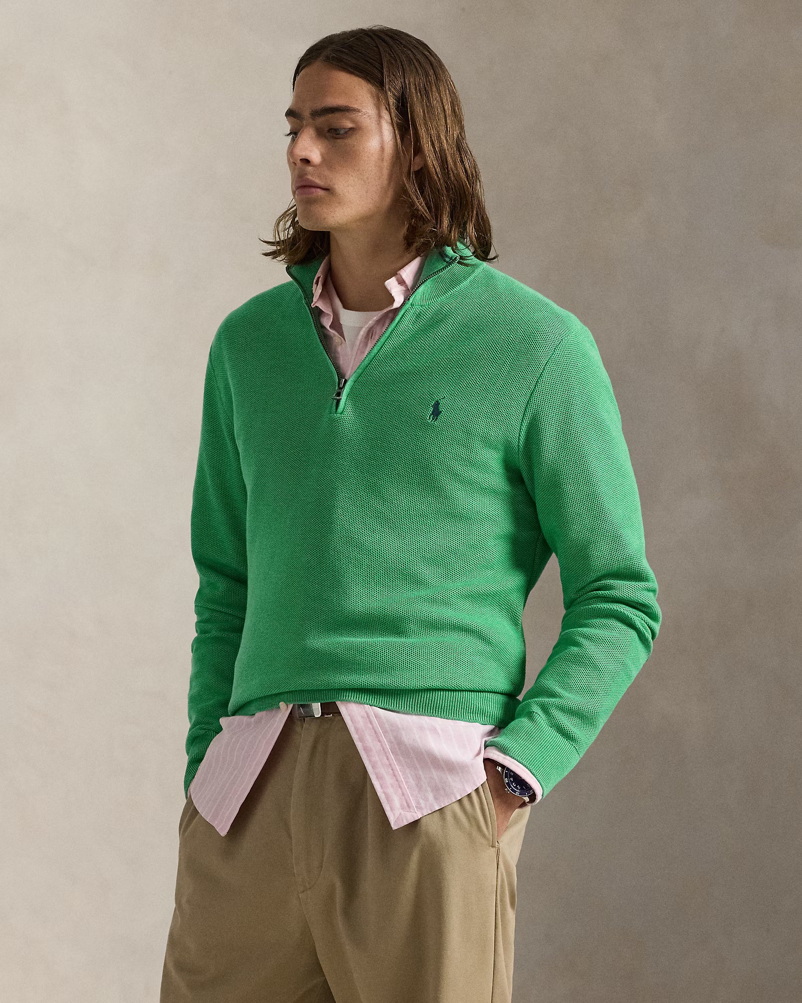 Jersey de algodón de punto de malla con cremallera de un cuarto