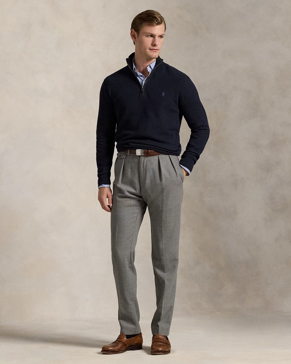 Jersey de algodón de punto de malla con cremallera de un cuarto