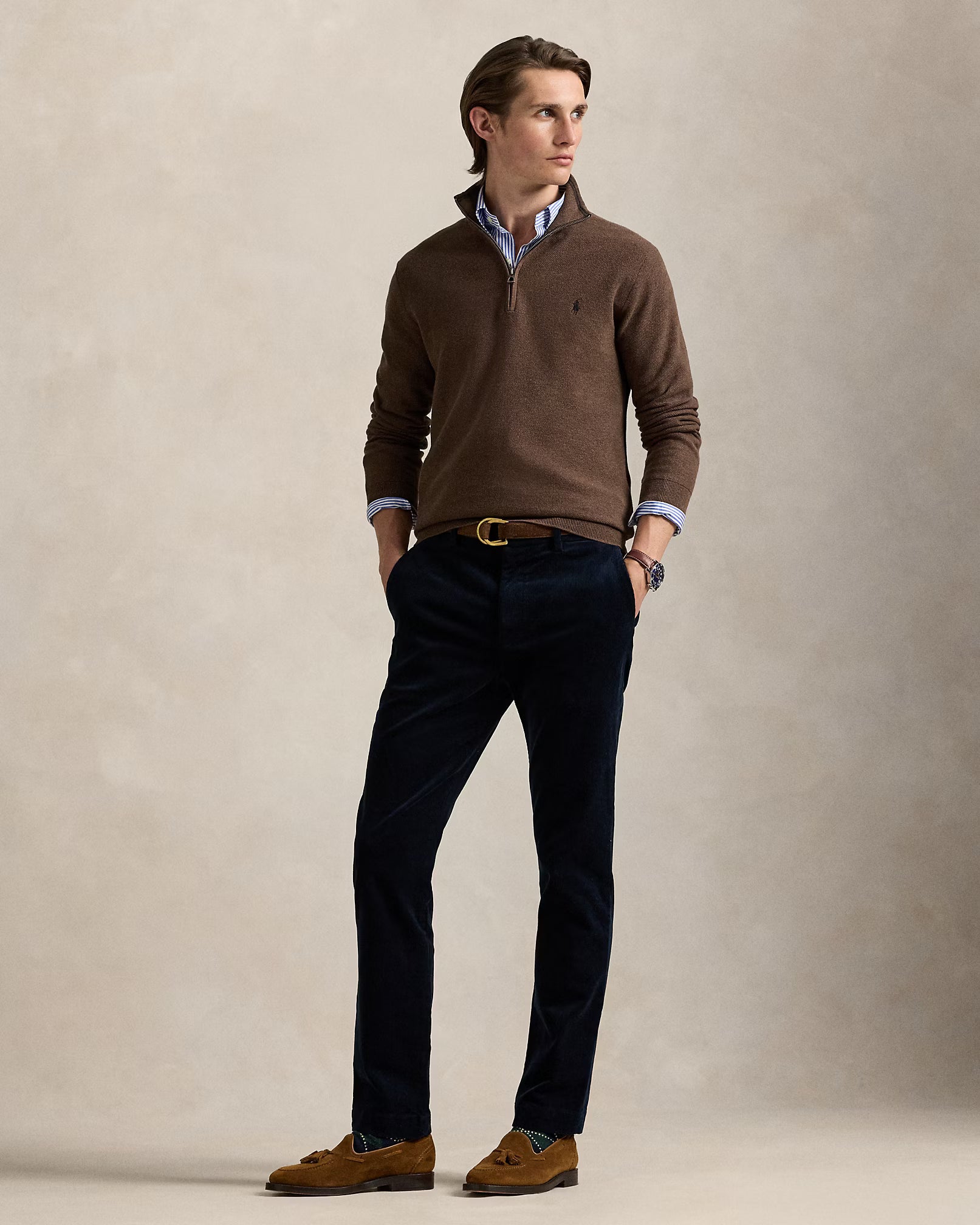 Jersey de algodón de punto de malla con cremallera de un cuarto