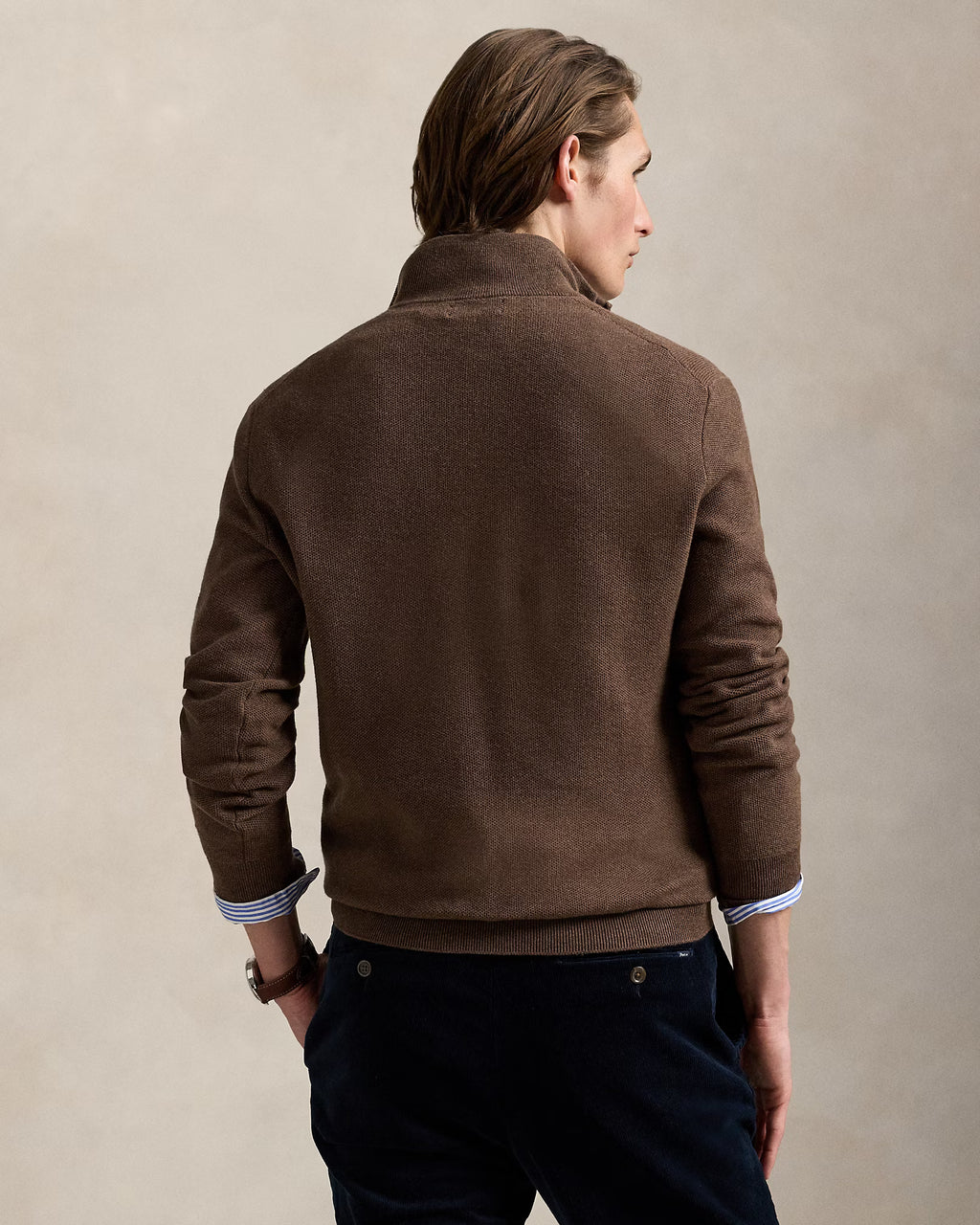 Jersey de algodón de punto de malla con cremallera de un cuarto