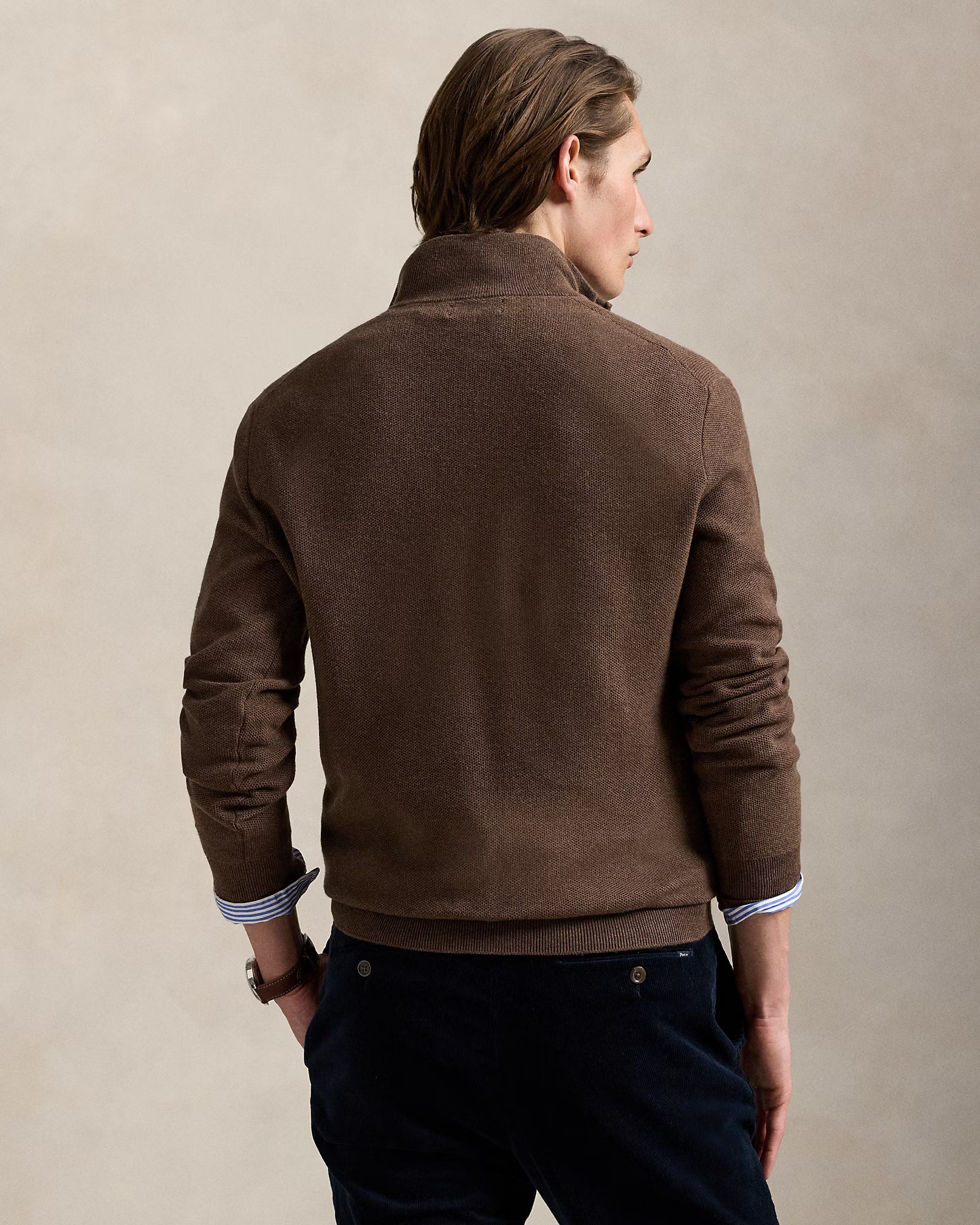 Jersey de algodón de punto de malla con cremallera de un cuarto